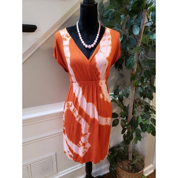 Pink Rose Women's Orange 100% Viscose Wrap V Neck Short Sleeve Large Dress - Picture 1 of 16